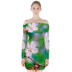 Sakura Flowers On Green Long Sleeve Off Shoulder Dress by FunnyCow