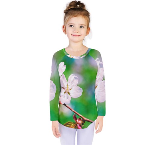 Sakura Flowers On Green Kids  Long Sleeve Tee by FunnyCow