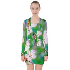 Sakura Flowers On Green V-neck Bodycon Long Sleeve Dress by FunnyCow