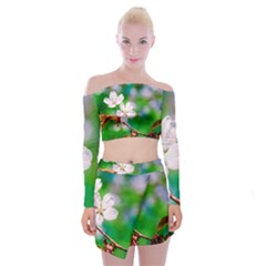 Sakura Flowers On Green Off Shoulder Top With Mini Skirt Set by FunnyCow