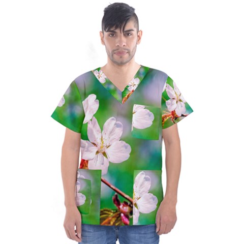 Sakura Flowers On Green Men s V-neck Scrub Top by FunnyCow