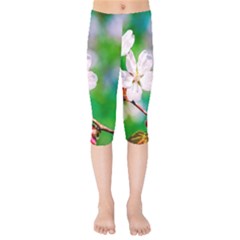 Sakura Flowers On Green Kids  Capri Leggings  by FunnyCow