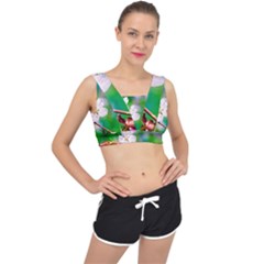 Sakura Flowers On Green V-back Sports Bra by FunnyCow