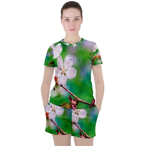 Sakura Flowers On Green Women s Tee And Shorts Set by FunnyCow