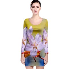 Sakura Flowers On Yellow Long Sleeve Bodycon Dress by FunnyCow