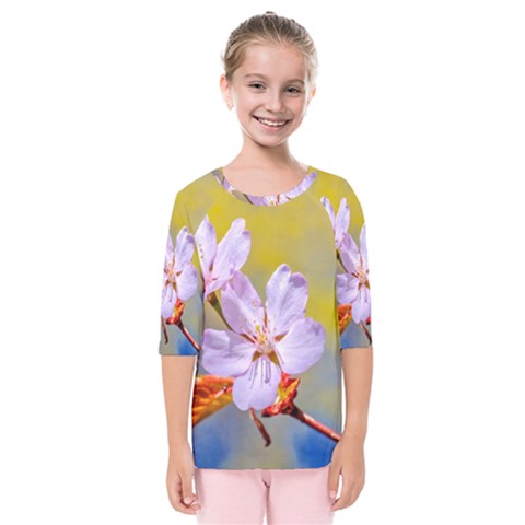 Sakura Flowers On Yellow Kids  Quarter Sleeve Raglan Tee by FunnyCow