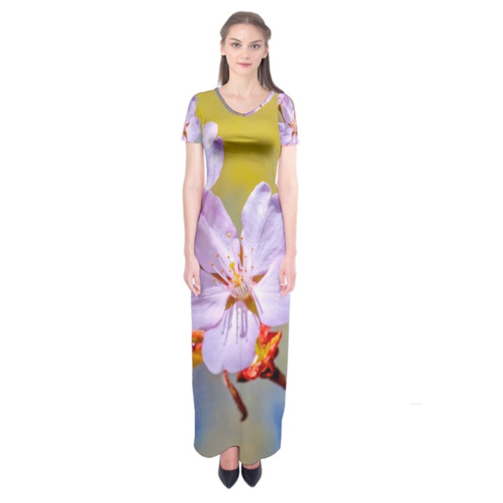 Sakura Flowers On Yellow Short Sleeve Maxi Dress