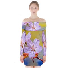 Sakura Flowers On Yellow Long Sleeve Off Shoulder Dress by FunnyCow