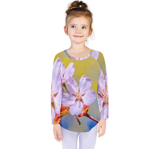 Sakura Flowers On Yellow Kids  Long Sleeve Tee by FunnyCow