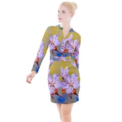 Sakura Flowers On Yellow Button Long Sleeve Dress by FunnyCow