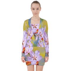 Sakura Flowers On Yellow V-neck Bodycon Long Sleeve Dress by FunnyCow