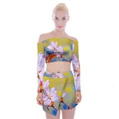 Sakura Flowers On Yellow Off Shoulder Top With Mini Skirt Set by FunnyCow