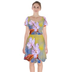 Sakura Flowers On Yellow Short Sleeve Bardot Dress by FunnyCow