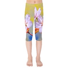 Sakura Flowers On Yellow Kids  Capri Leggings  by FunnyCow