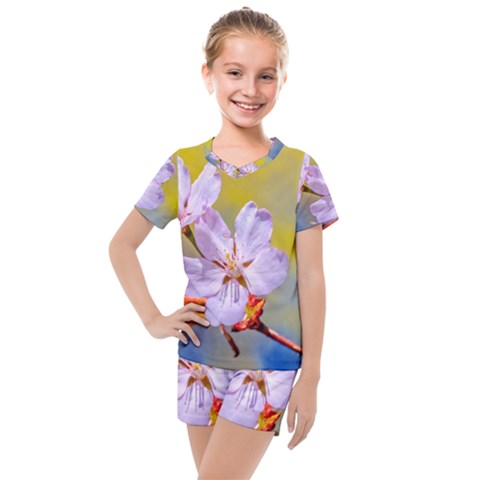 Sakura Flowers On Yellow Kids  Mesh Tee And Shorts Set by FunnyCow