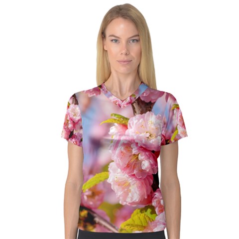 Flowering Almond Flowersg V-neck Sport Mesh Tee by FunnyCow