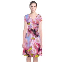 Flowering Almond Flowersg Short Sleeve Front Wrap Dress by FunnyCow