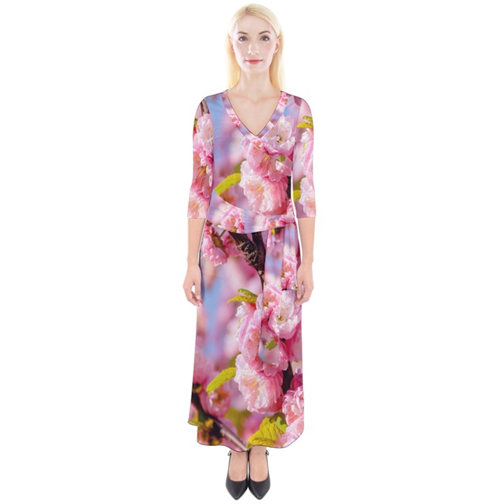 Flowering Almond Flowersg Quarter Sleeve Wrap Maxi Dress