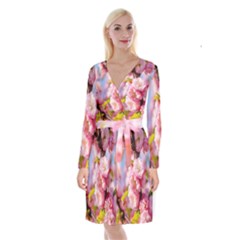 Flowering Almond Flowersg Long Sleeve Velvet Front Wrap Dress by FunnyCow