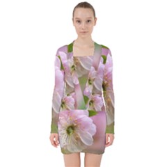 Single Almond Flower V-neck Bodycon Long Sleeve Dress by FunnyCow