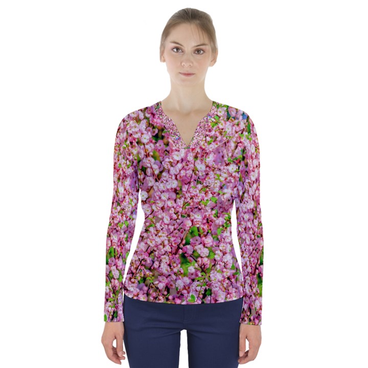 Almond Tree In Bloom V-Neck Long Sleeve Top