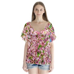 Almond Tree In Bloom V-neck Flutter Sleeve Top by FunnyCow