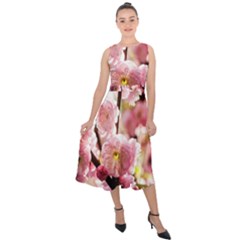 Blooming Almond At Sunset Midi Tie-back Chiffon Dress by FunnyCow