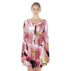 Blooming Almond At Sunset Long Sleeve Velvet V-neck Dress by FunnyCow