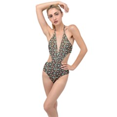 Brown With Blue Hats Plunging Cut Out Swimsuit