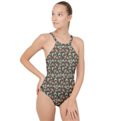 Brown With Blue Hats High Neck One Piece Swimsuit