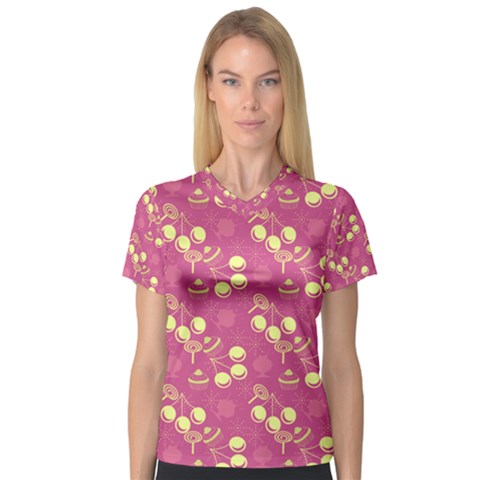 Yellow Pink Cherries V-neck Sport Mesh Tee by snowwhitegirl