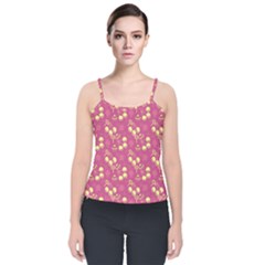 Yellow Pink Cherries Velvet Spaghetti Strap Top