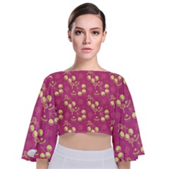 Yellow Pink Cherries Tie Back Butterfly Sleeve Chiffon Top