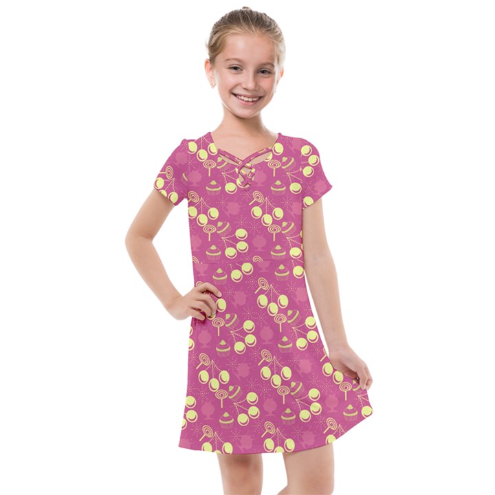 Yellow Pink Cherries Kids  Cross Web Dress