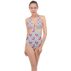 Bubblegum Cherry Halter Front Plunge Swimsuit