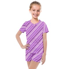 Violet Diagonal Lines Kids  Mesh Tee And Shorts Set