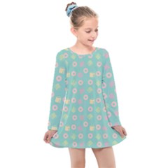 Teal Donuts And Milk Kids  Long Sleeve Dress