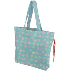 Teal Donuts And Milk Drawstring Tote Bag