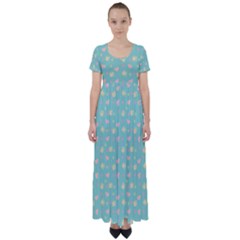 Teal Milk Hearts High Waist Short Sleeve Maxi Dress