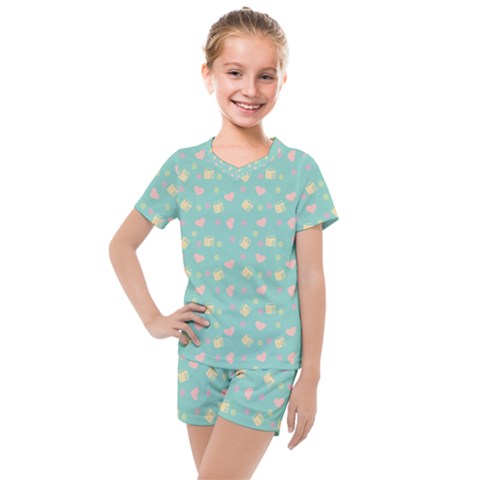 Teal Milk Hearts Kids  Mesh Tee And Shorts Set by snowwhitegirl