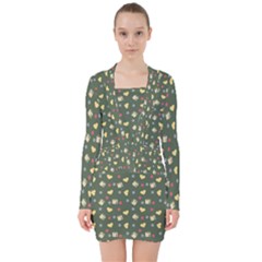 Green Milk Hearts V-neck Bodycon Long Sleeve Dress by snowwhitegirl