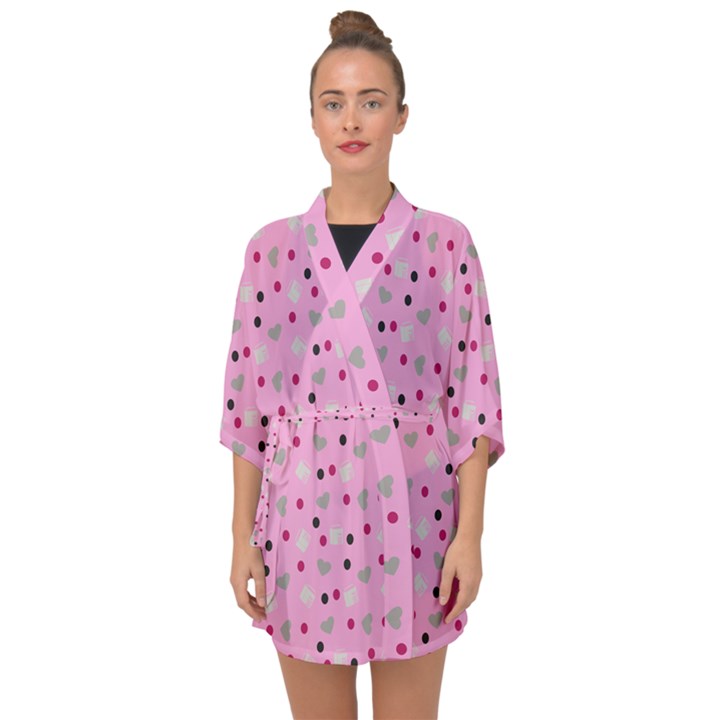 Pink Milk Hearts Half Sleeve Chiffon Kimono