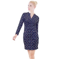 Blue Milk Hearts Button Long Sleeve Dress