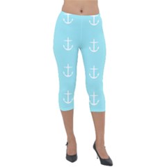 Aqua Anchor Lightweight Velour Capri Leggings  by snowwhitegirl