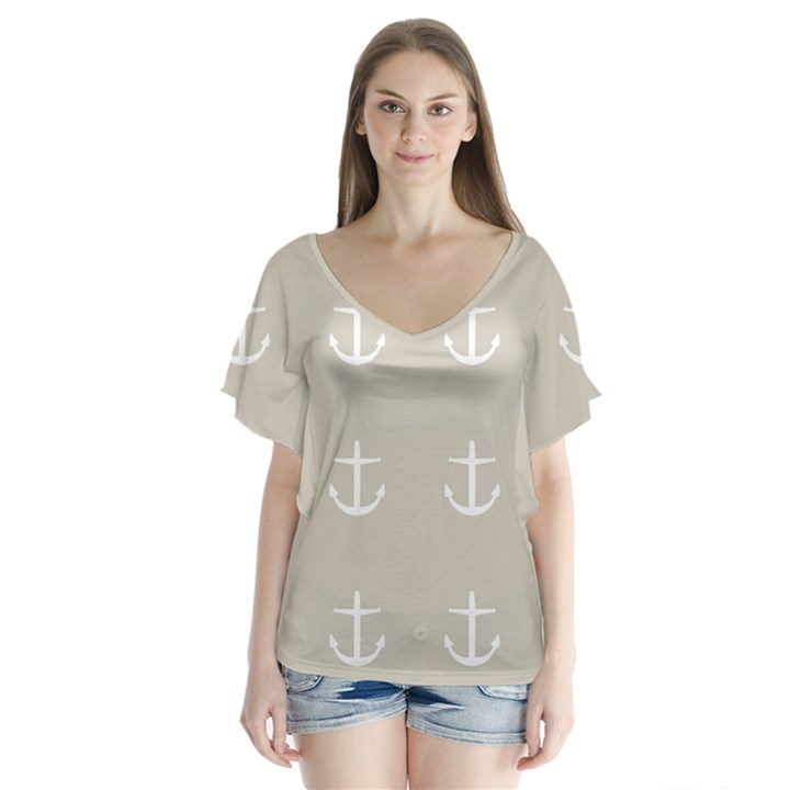 Lt Grey Anchors V-Neck Flutter Sleeve Top