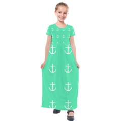 Seafoam Anchors Kids  Short Sleeve Maxi Dress