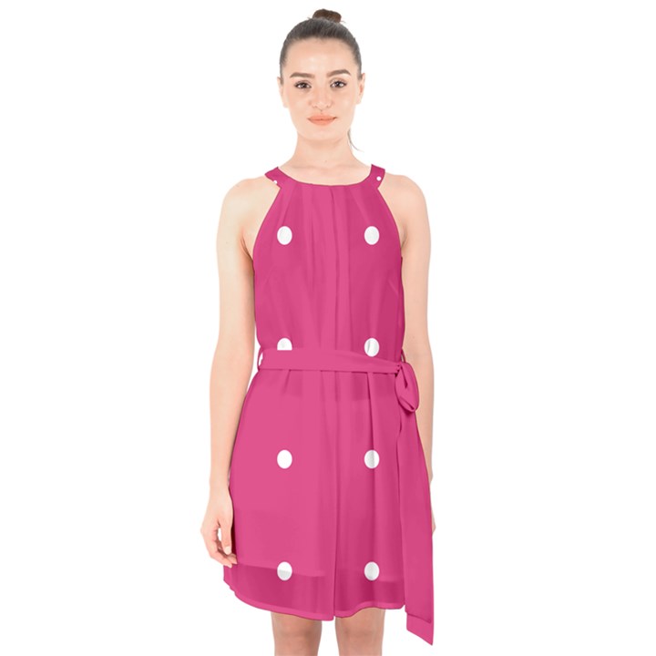 Small Pink Dot Halter Collar Waist Tie Chiffon Dress