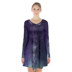 Galaxy Sky Purple Long Sleeve Velvet V-neck Dress