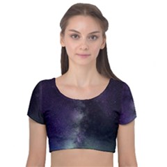 Galaxy Sky Purple Velvet Short Sleeve Crop Top  by snowwhitegirl