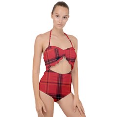 Red Plaid Scallop Top Cut Out Swimsuit